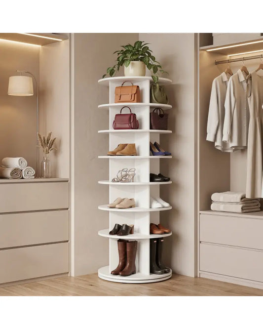 7-Tier Rotating Shoe Rack Tower Freestanding Spinning Shoe Organizer-White - White - Shoe Racks & Storage Benches