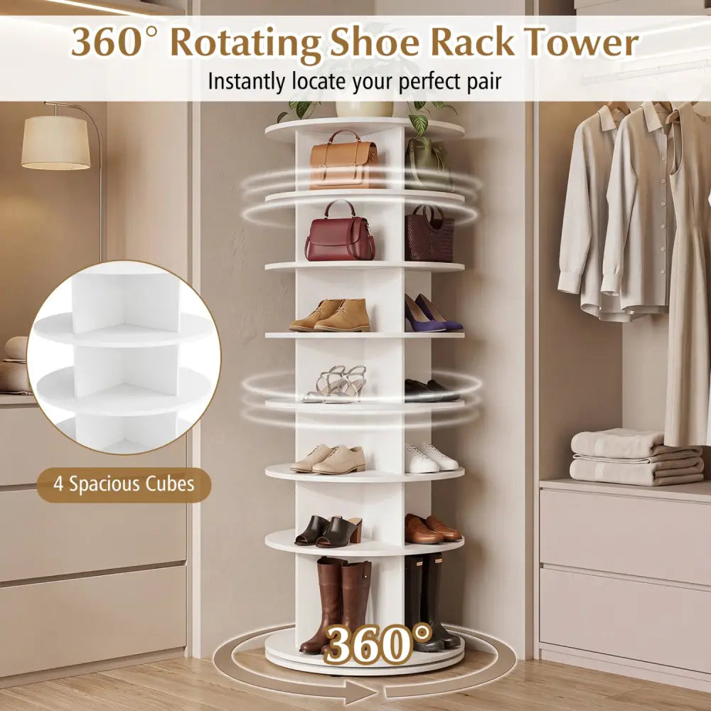 7-Tier Rotating Shoe Rack Tower Freestanding Spinning Shoe Organizer-White - White - Shoe Racks & Storage Benches