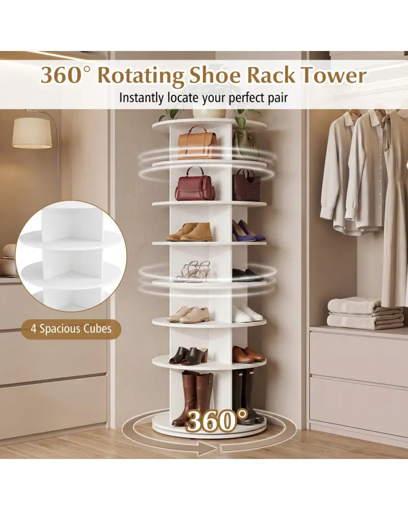7-Tier Rotating Shoe Rack Tower Freestanding Spinning Shoe Organizer-White - White - Shoe Racks & Storage Benches