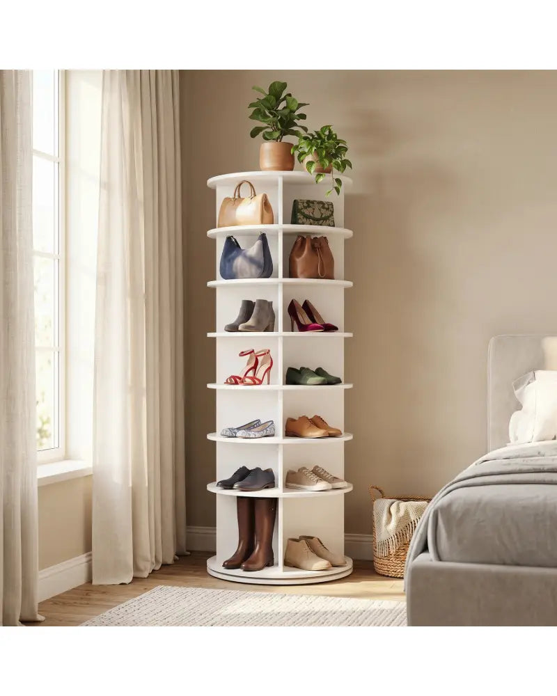 7-Tier Rotating Shoe Rack Tower Freestanding Spinning Shoe Organizer-White - White - Shoe Racks & Storage Benches