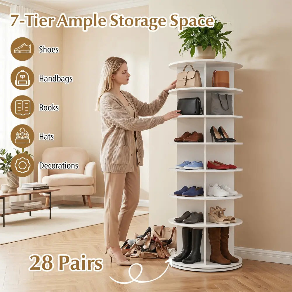 7-Tier Rotating Shoe Rack Tower Freestanding Spinning Shoe Organizer-White - White - Shoe Racks & Storage Benches