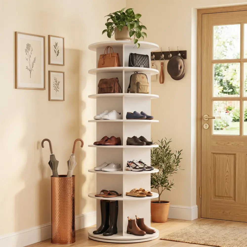 7-Tier Rotating Shoe Rack Tower Freestanding Spinning Shoe Organizer-White - White - Shoe Racks & Storage Benches