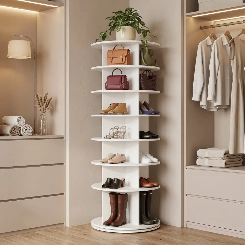7-Tier Rotating Shoe Rack Tower Freestanding Spinning Shoe Organizer-White - White - Shoe Racks & Storage Benches