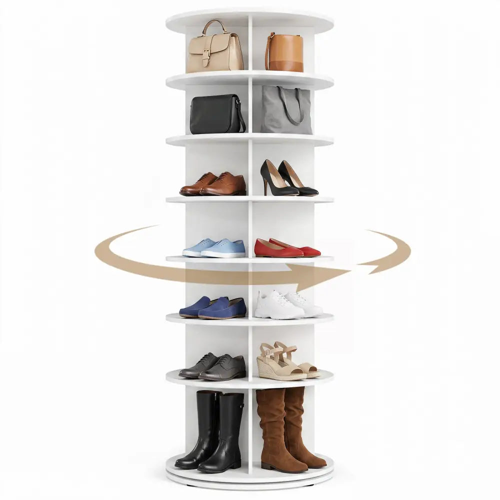 7-Tier Rotating Shoe Rack Tower Freestanding Spinning Shoe Organizer-White - White - Shoe Racks & Storage Benches