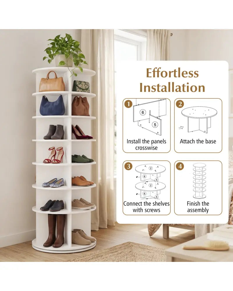 7-Tier Rotating Shoe Rack Tower Freestanding Spinning Shoe Organizer-White - White - Shoe Racks & Storage Benches