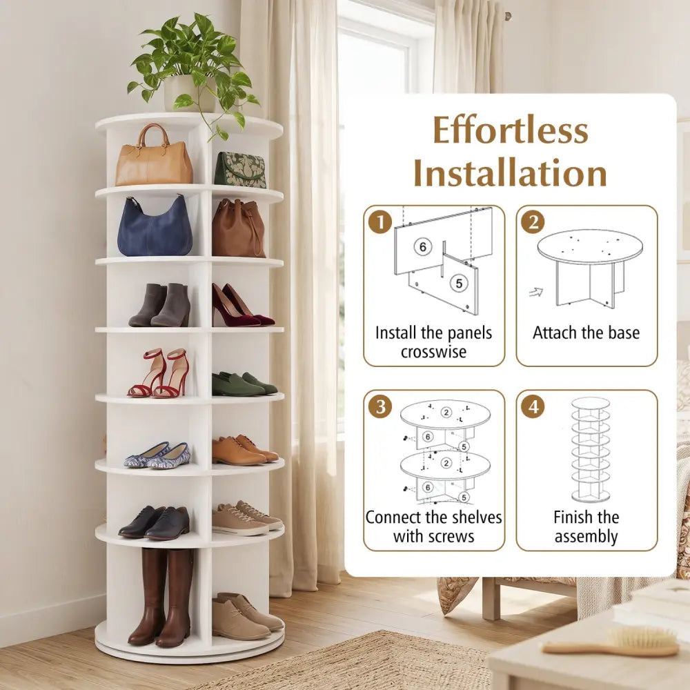 7-Tier Rotating Shoe Rack Tower Freestanding Spinning Shoe Organizer-White - White - Shoe Racks & Storage Benches
