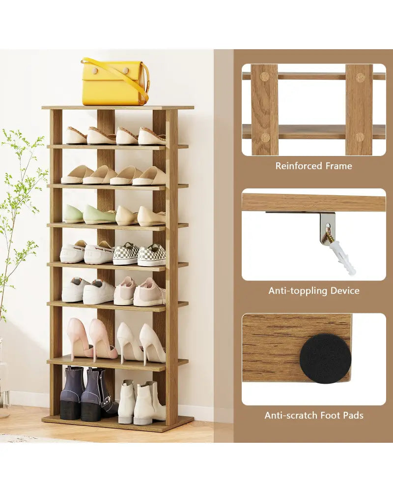 7 Tiers Patented Vertical Shoe Rack for Front Door-Natural - Natural - Shoe Racks & Storage Benches