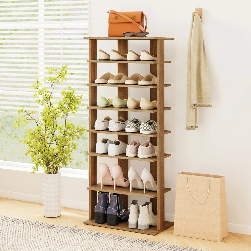 7 Tiers Patented Vertical Shoe Rack for Front Door-Natural - Natural - Shoe Racks & Storage Benches