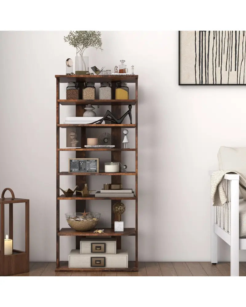 7 Tiers Vertical Shoe Rack for Front Door-Rustic Brown - Rustic Brown - Shoe Racks & Storage Benches