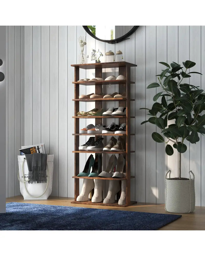 7 Tiers Vertical Shoe Rack for Front Door-Rustic Brown - Rustic Brown - Shoe Racks & Storage Benches