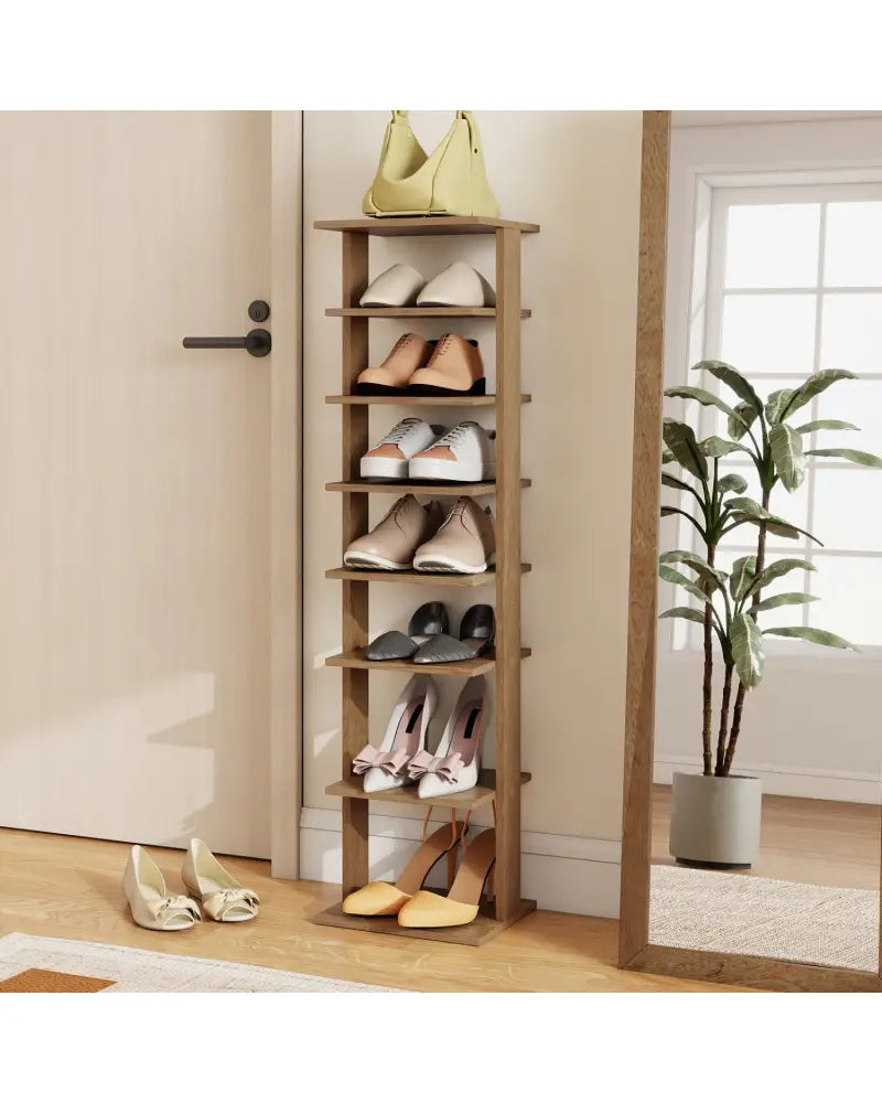 7-Tiers Vertical Wooden Space Saving Shoe Rack for Front Door-Natural - Natural - Shoe Racks & Storage Benches