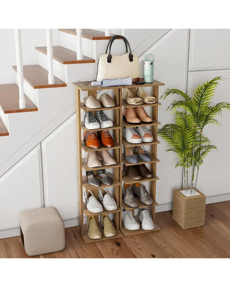 7-Tiers Vertical Wooden Space Saving Shoe Rack for Front Door-Natural - Natural - Shoe Racks & Storage Benches