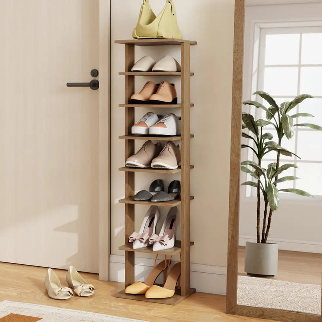 7-Tiers Vertical Wooden Space Saving Shoe Rack for Front Door-Natural - Natural - Shoe Racks & Storage Benches