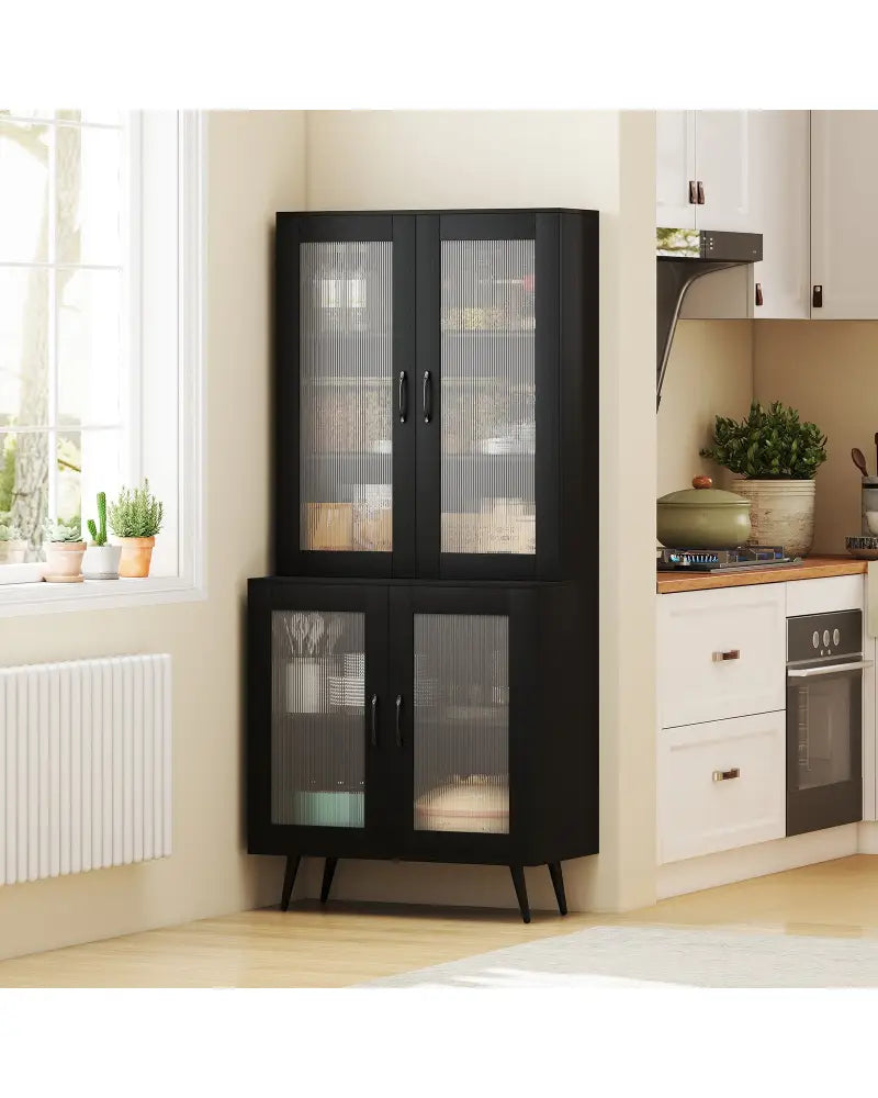 70.5 inch Tall Kitchen Pantry Cabinet Cupboard with 4 Transparent Doors-Black - Black - Sideboards Cabinets & Buffets