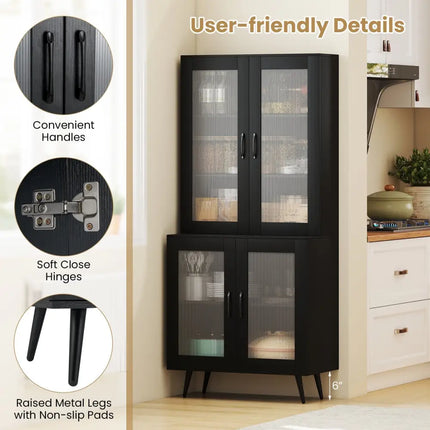 70.5 inch Tall Kitchen Pantry Cabinet Cupboard with 4 Transparent Doors-Black - Black - Sideboards Cabinets & Buffets