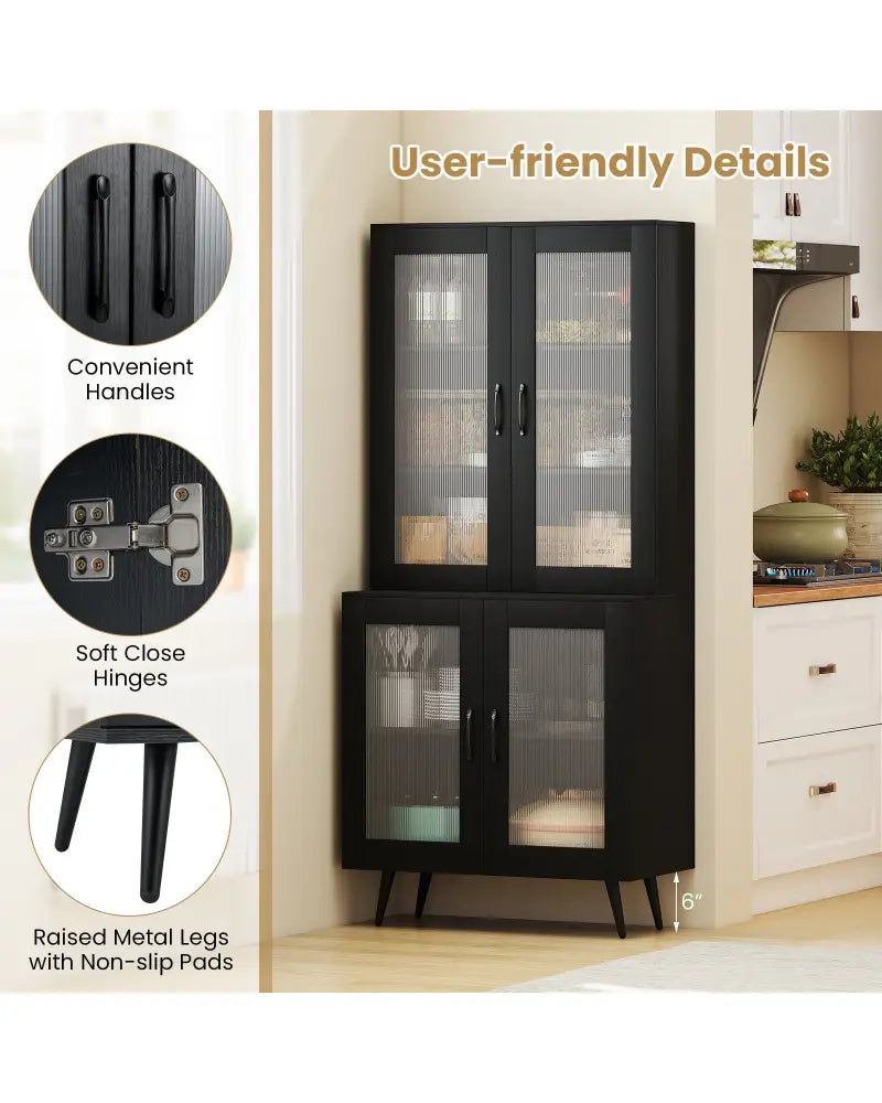 70.5 inch Tall Kitchen Pantry Cabinet Cupboard with 4 Transparent Doors-Black - Black - Sideboards Cabinets & Buffets