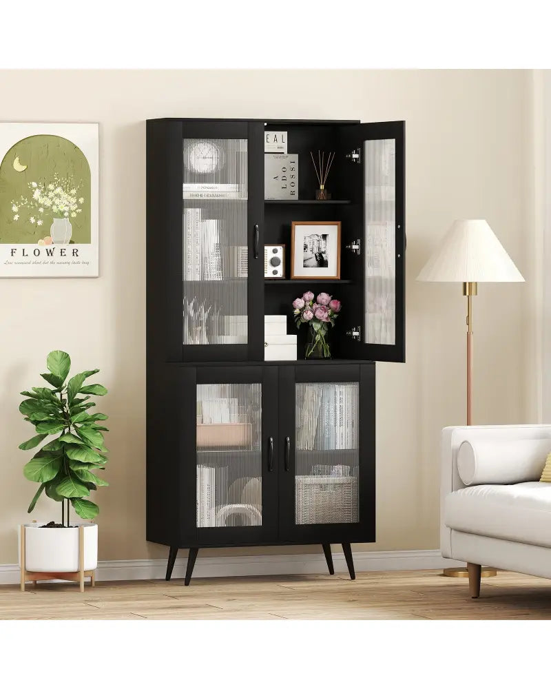 70.5 inch Tall Kitchen Pantry Cabinet Cupboard with 4 Transparent Doors-Black - Black - Sideboards Cabinets & Buffets