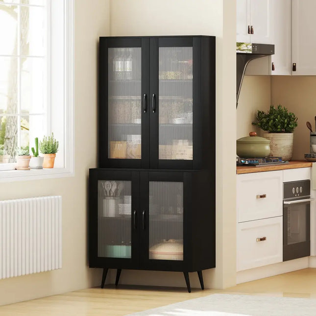 70.5 inch Tall Kitchen Pantry Cabinet Cupboard with 4 Transparent Doors-Black - Black - Sideboards Cabinets & Buffets