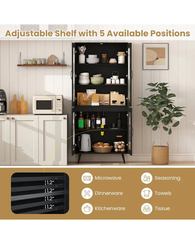 70.5 inch Tall Kitchen Pantry Cabinet Cupboard with 4 Transparent Doors-Black - Black - Sideboards Cabinets & Buffets
