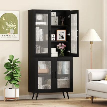 70.5 inch Tall Kitchen Pantry Cabinet Cupboard with 4 Transparent Doors-Black - Black - Sideboards Cabinets & Buffets