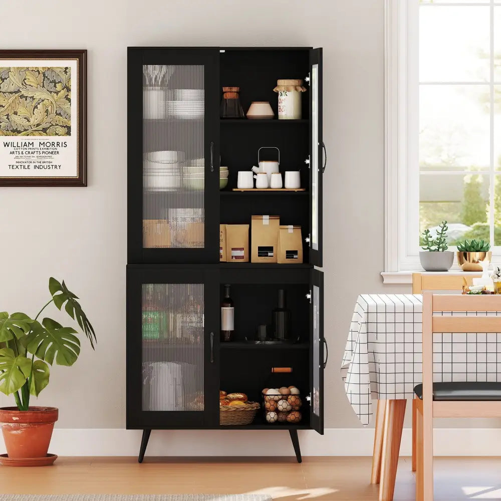 70.5 inch Tall Kitchen Pantry Cabinet Cupboard with 4 Transparent Doors-Black - Black - Sideboards Cabinets & Buffets