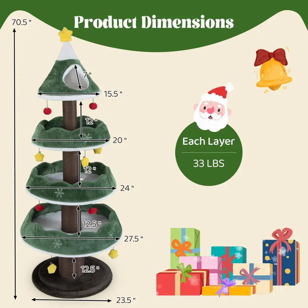 70.5 Inches Tall Christmas Cat Tree with 3 Plush Platforms-Green - Green - Cat Trees Condos & Scratchers