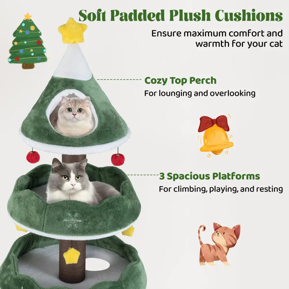 70.5 Inches Tall Christmas Cat Tree with 3 Plush Platforms-Green - Green - Cat Trees Condos & Scratchers
