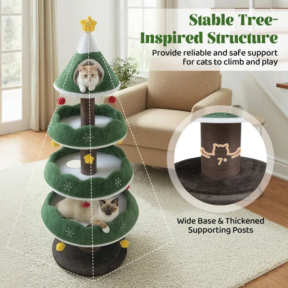 70.5 Inches Tall Christmas Cat Tree with 3 Plush Platforms-Green - Green - Cat Trees Condos & Scratchers