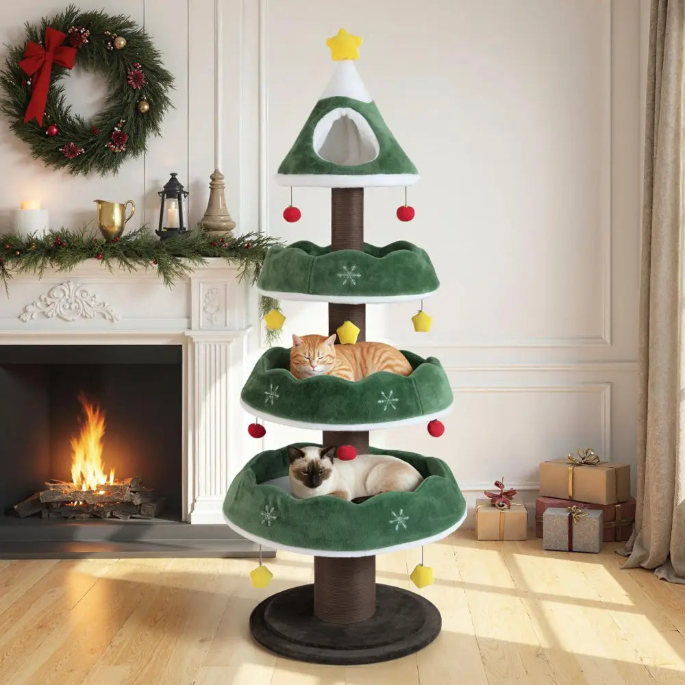 70.5 Inches Tall Christmas Cat Tree with 3 Plush Platforms-Green - Green - Cat Trees Condos & Scratchers
