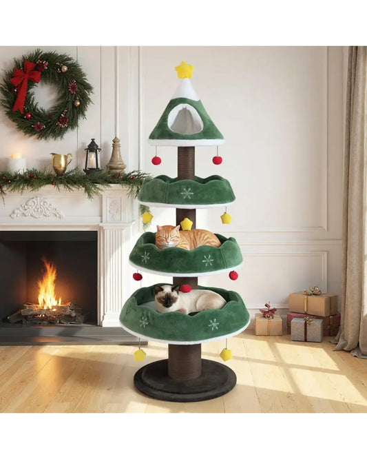 70.5 Inches Tall Christmas Cat Tree with 3 Plush Platforms-Green - Green - Cat Trees Condos & Scratchers