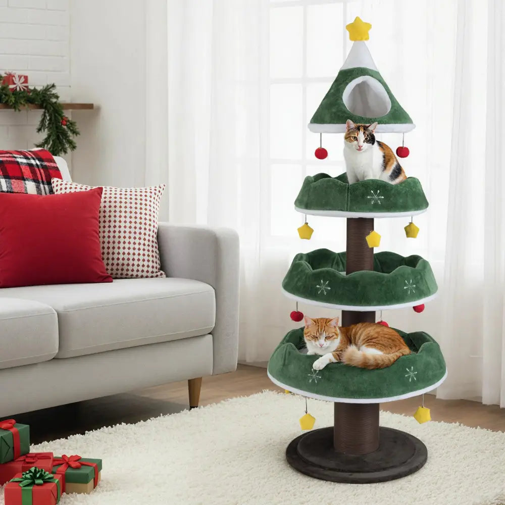 70.5 Inches Tall Christmas Cat Tree with 3 Plush Platforms-Green - Green - Cat Trees Condos & Scratchers