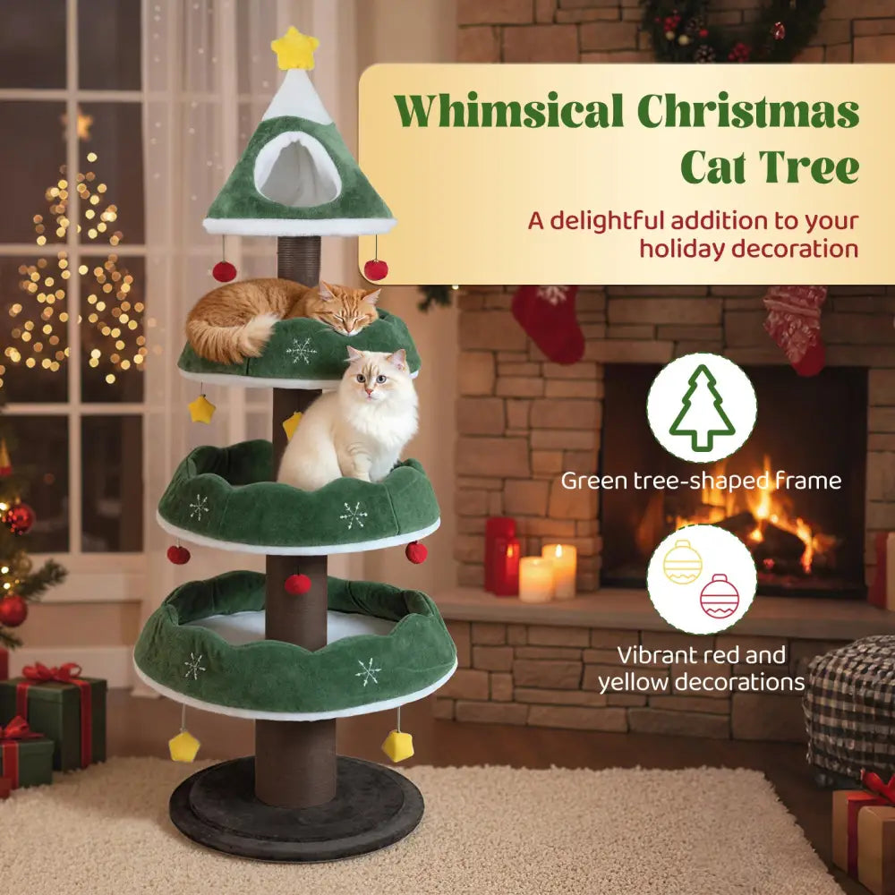 70.5 Inches Tall Christmas Cat Tree with 3 Plush Platforms-Green - Green - Cat Trees Condos & Scratchers