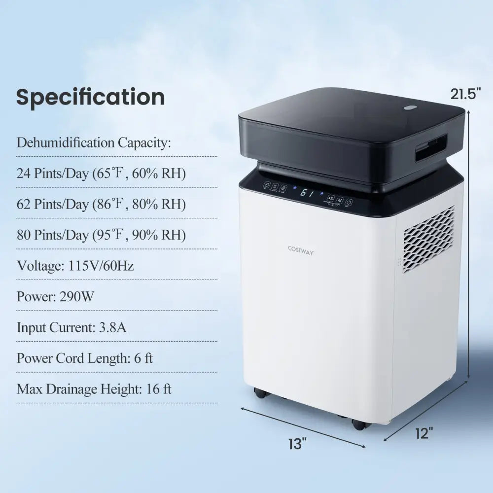 70/90 Pint 4500/6000 Sq. Ft Dehumidifier with Continuous and Auto Mode-70 Pints - White - Dehumidifiers
