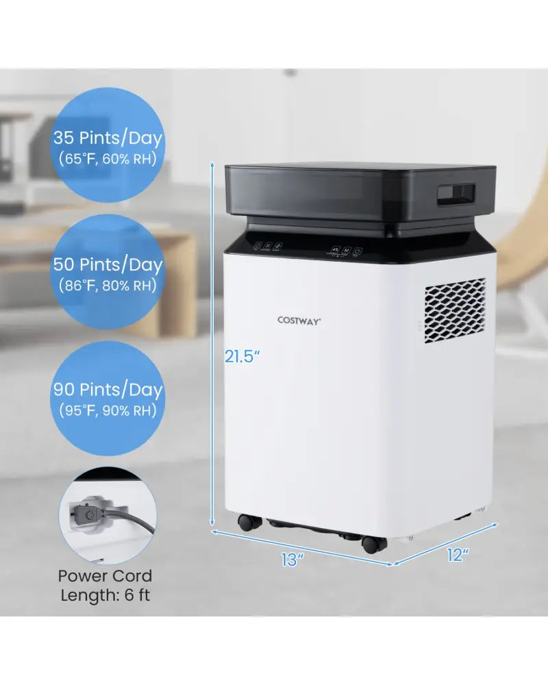 70/90 Pint 4500/6000 Sq. Ft Dehumidifier with Continuous and Auto Mode-90 Pints - White - Dehumidifiers