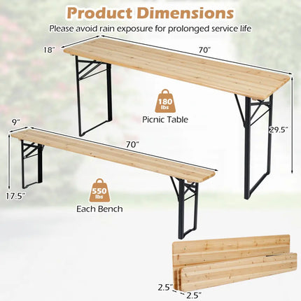70 Inch 3-Piece Folding Picnic Table with Benches for 6 Fir Wood Portable Bear Camping Table-Black - Black - Picnic