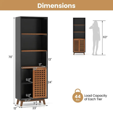 70 Inch 5-Tier Bookshelf with Reversible Adjustable Shelf-Black - Black - Bookcases