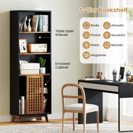 70 Inch 5-Tier Bookshelf with Reversible Adjustable Shelf-Black - Black - Bookcases