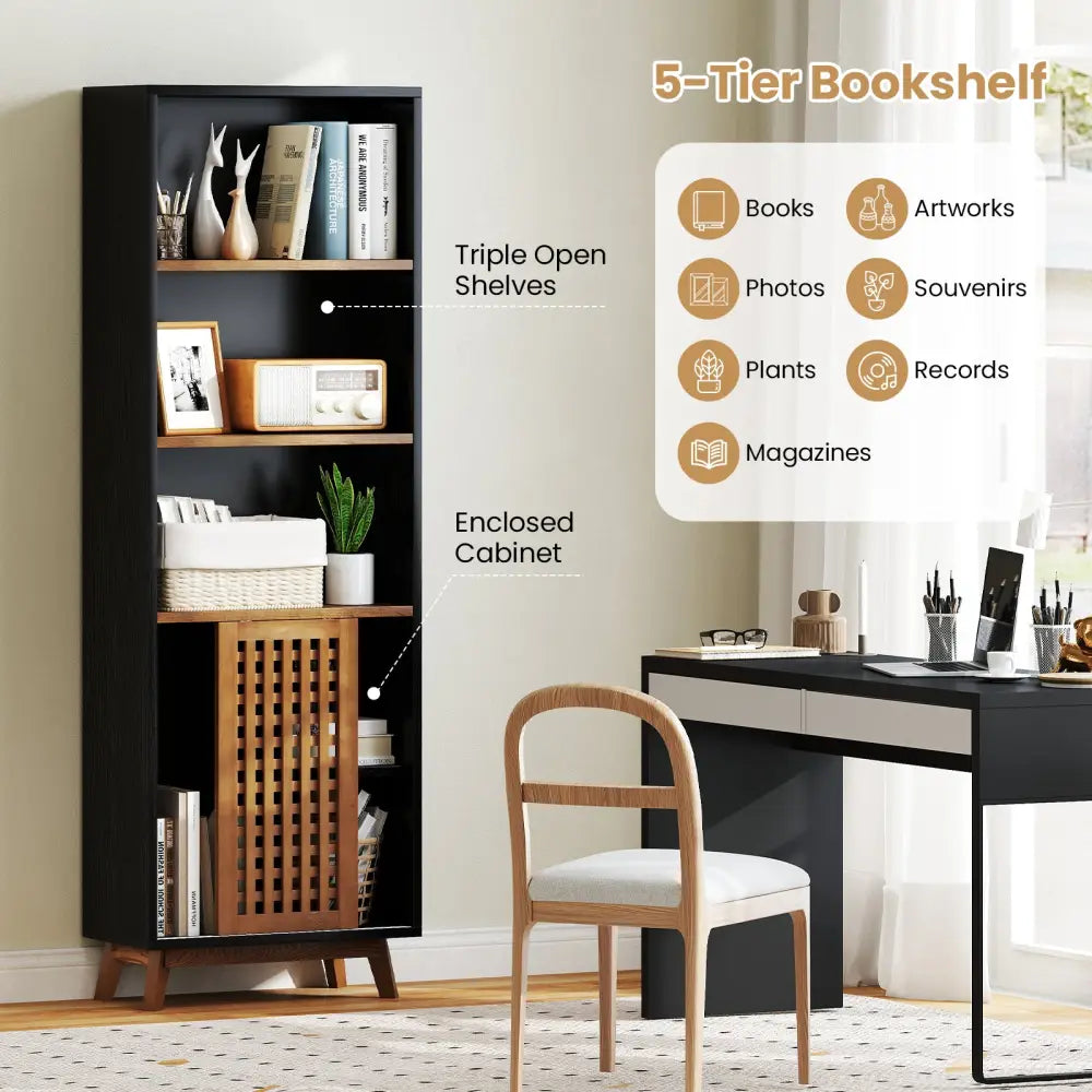 70 Inch 5-Tier Bookshelf with Reversible Adjustable Shelf-Black - Black - Bookcases