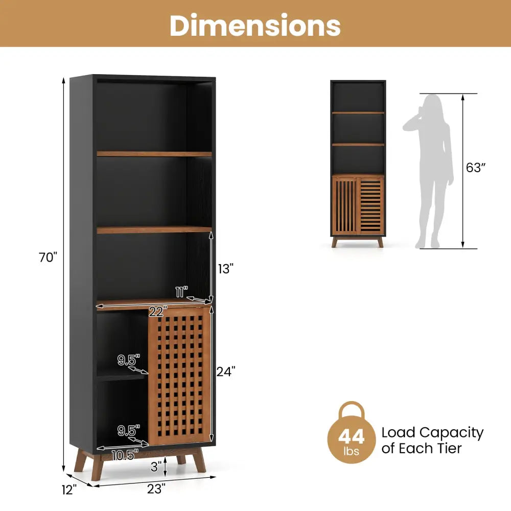 70 Inch 5-Tier Bookshelf with Reversible Adjustable Shelf-Black - Black - Bookcases