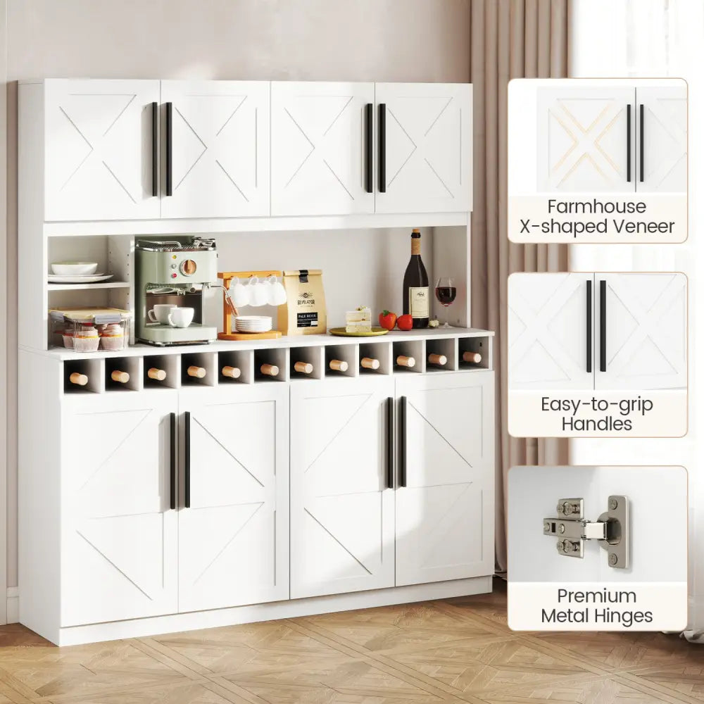 70 Inch Farmhouse Pantry Cabinet Kitchen Buffet Hutch with 4 Cabinets and 2 Open Shelves-White - White - Sideboards