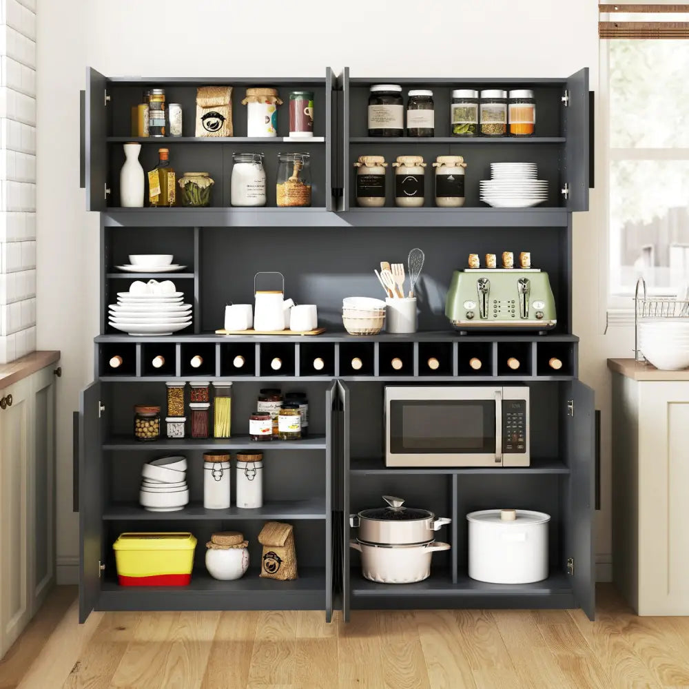 70 Inch Farmhouse Pantry Cabinet Kitchen Buffet Hutch with 4 Cabinets and 2 Open Shelves-Dark Gray - Dark Gray