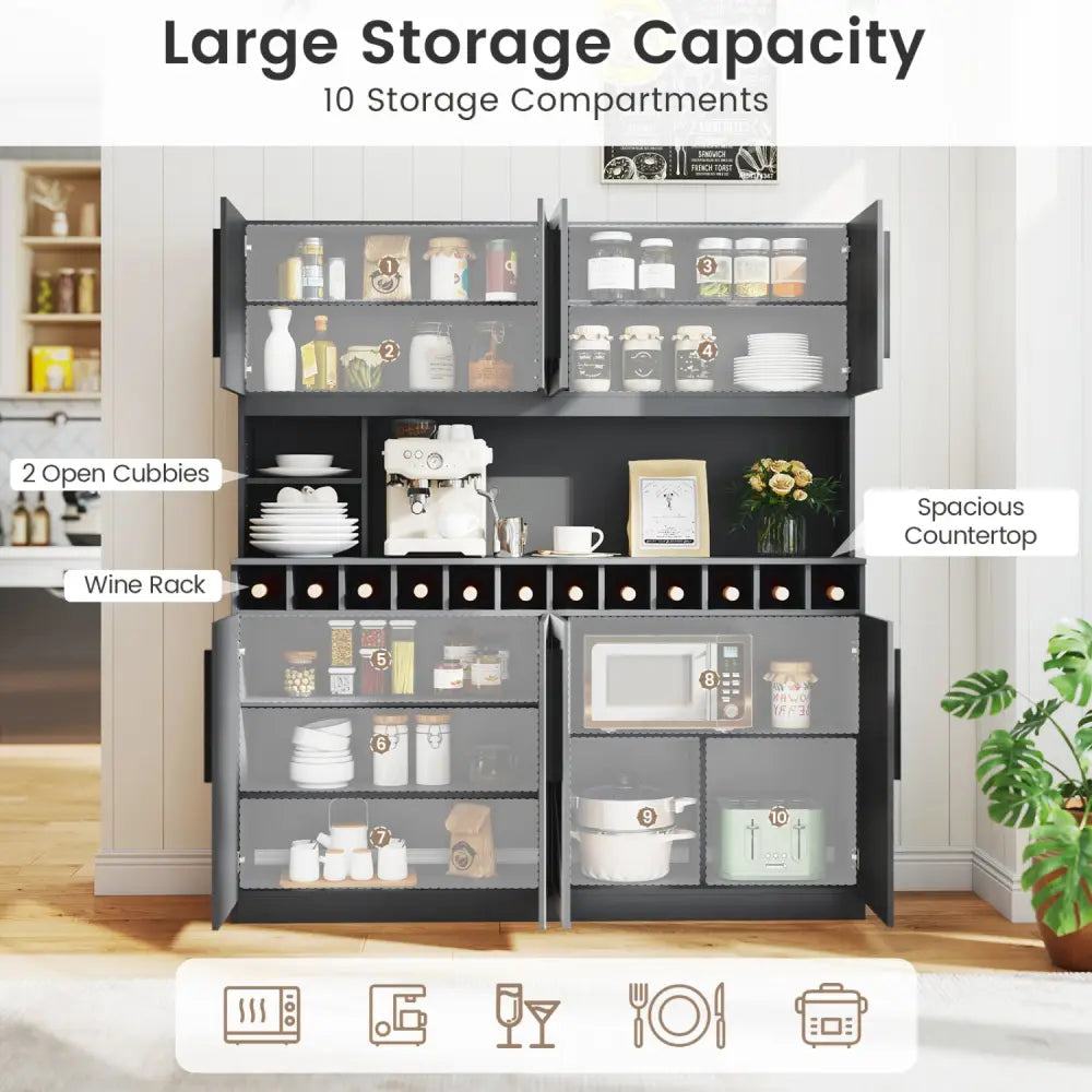 70 Inch Farmhouse Pantry Cabinet Kitchen Buffet Hutch with 4 Cabinets and 2 Open Shelves-Dark Gray - Dark Gray