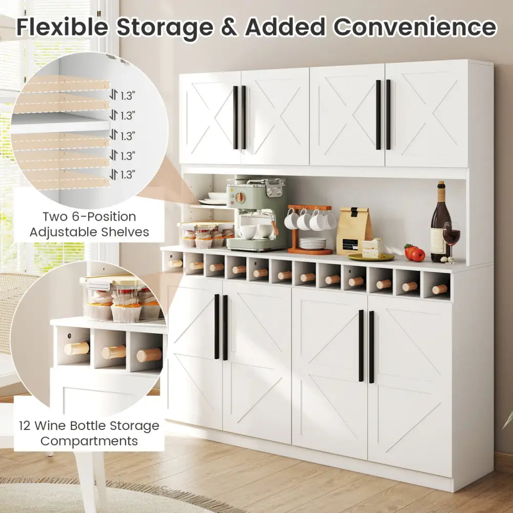 70 Inch Farmhouse Pantry Cabinet Kitchen Buffet Hutch with 4 Cabinets and 2 Open Shelves-White - White - Sideboards
