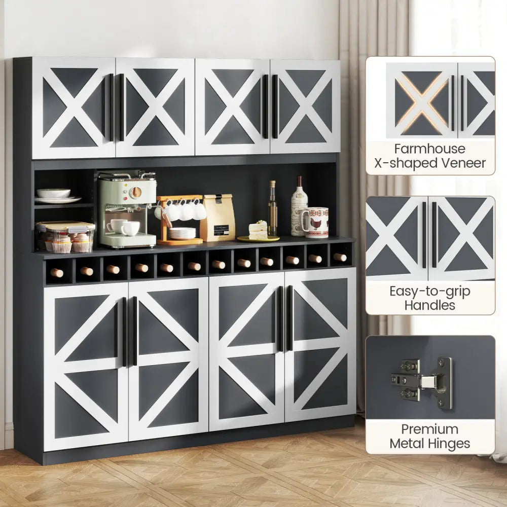 70 Inch Farmhouse Pantry Cabinet Kitchen Buffet Hutch with 4 Cabinets and 2 Open Shelves-Dark Gray - Dark Gray