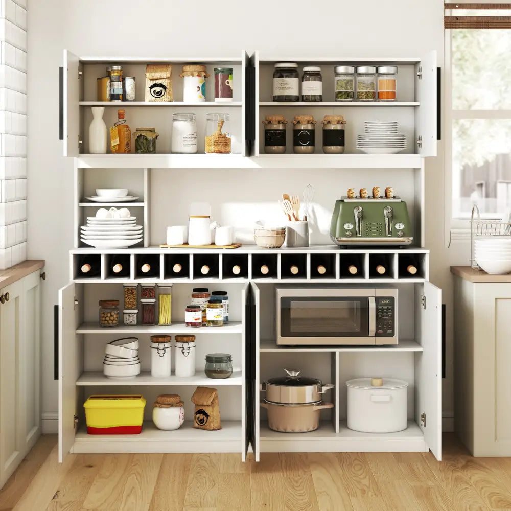 70 Inch Farmhouse Pantry Cabinet Kitchen Buffet Hutch with 4 Cabinets and 2 Open Shelves-White - White - Sideboards