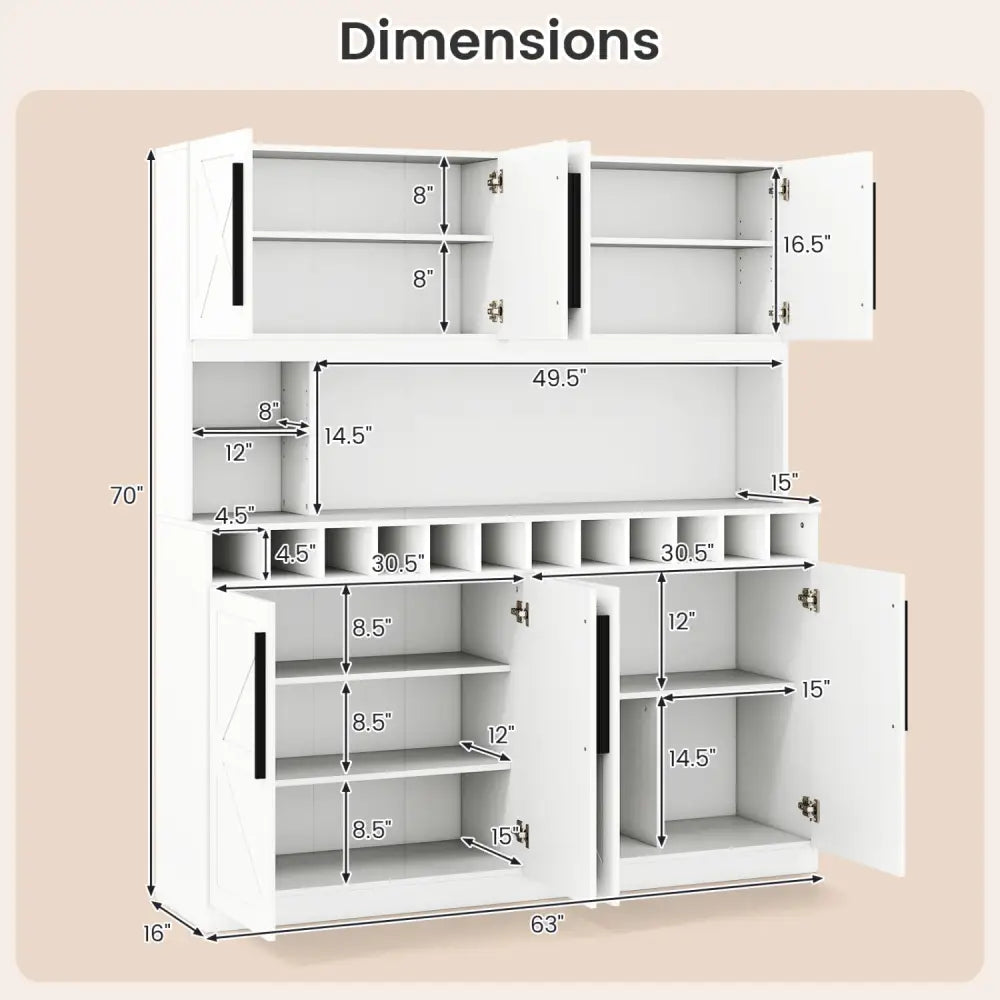 70 Inch Farmhouse Pantry Cabinet Kitchen Buffet Hutch with 4 Cabinets and 2 Open Shelves-White - White - Sideboards