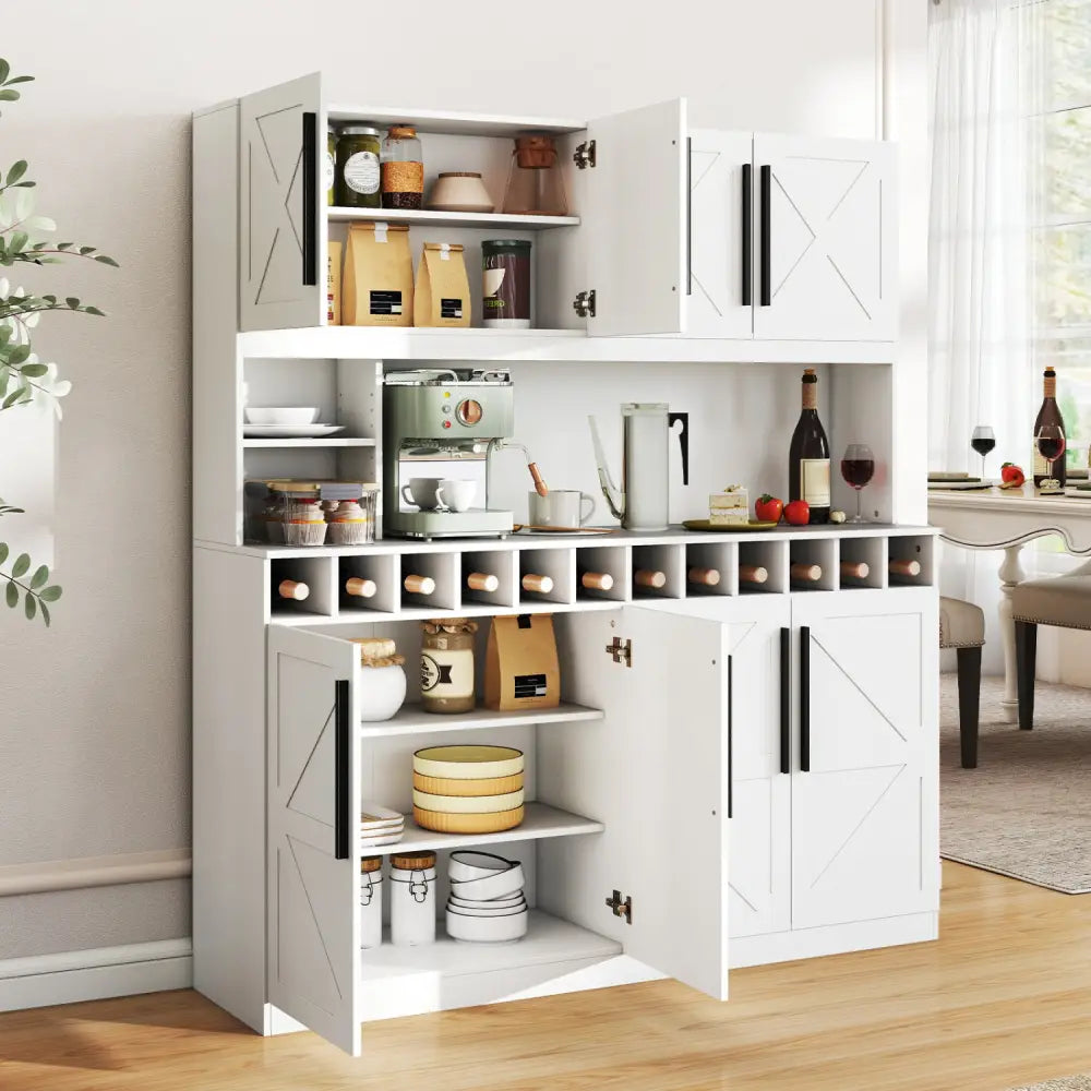 70 Inch Farmhouse Pantry Cabinet Kitchen Buffet Hutch with 4 Cabinets and 2 Open Shelves-White - White - Sideboards