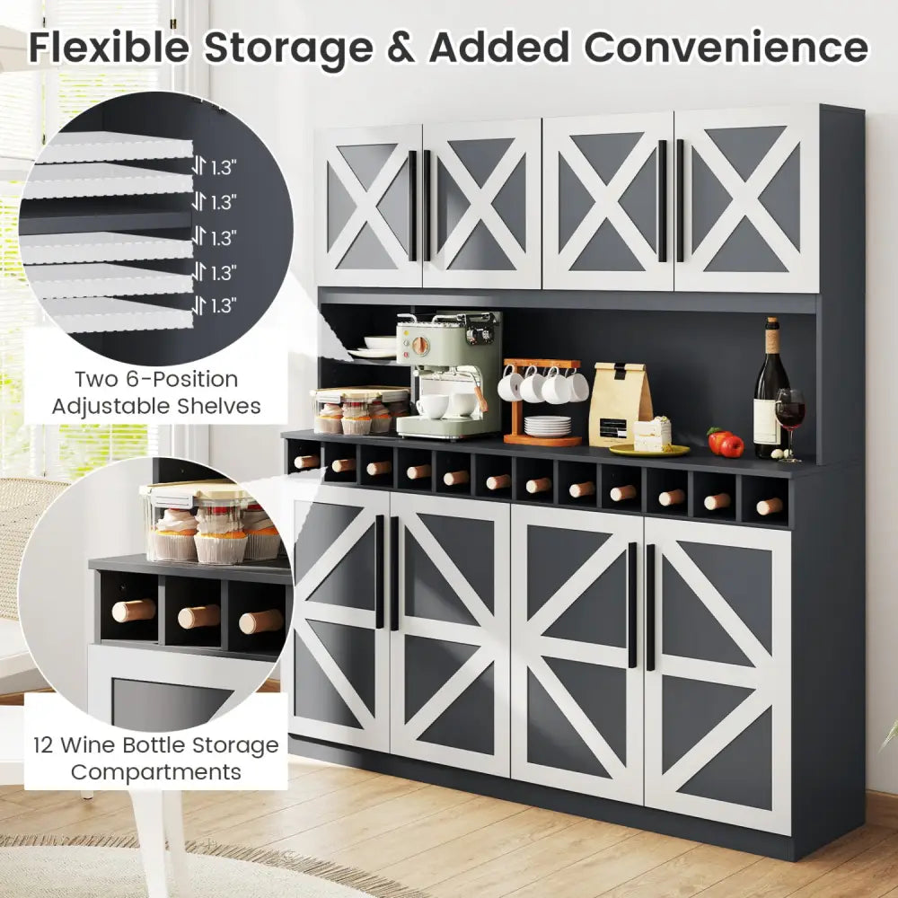 70 Inch Farmhouse Pantry Cabinet Kitchen Buffet Hutch with 4 Cabinets and 2 Open Shelves-Dark Gray - Dark Gray