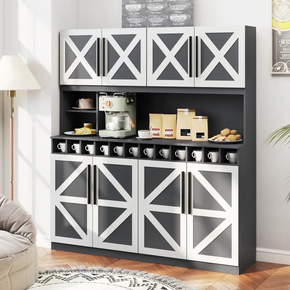 70 Inch Farmhouse Pantry Cabinet Kitchen Buffet Hutch with 4 Cabinets and 2 Open Shelves-Dark Gray - Dark Gray
