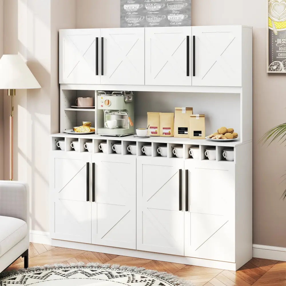 70 Inch Farmhouse Pantry Cabinet Kitchen Buffet Hutch with 4 Cabinets and 2 Open Shelves-White - White - Sideboards
